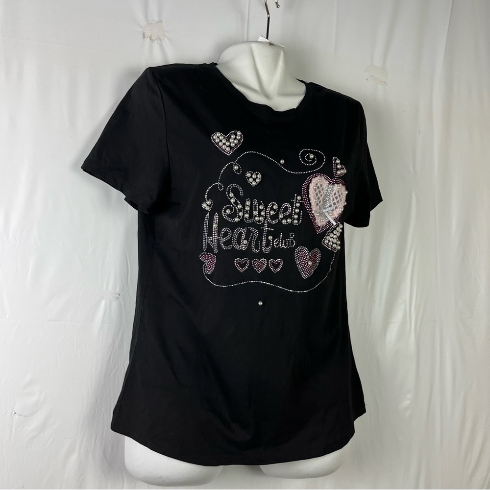 Women's Rhinestone Fitted short sleeve stretch black blouse size large - Picture 5 of 11